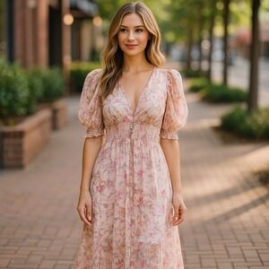 L.I.F.E. Floral Midi Dress Sheer Puff Sleeve Smocked‎ Waist Pink Size S